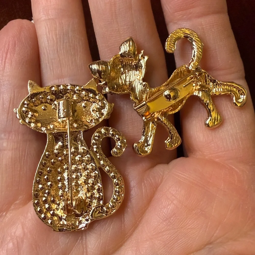Vintage Rhinestone Cat Brooches. Set of 2